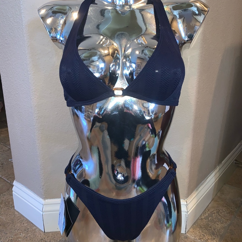 Back in stock! Vintage Navy Blue Triangle Bikini Set with Ring Center